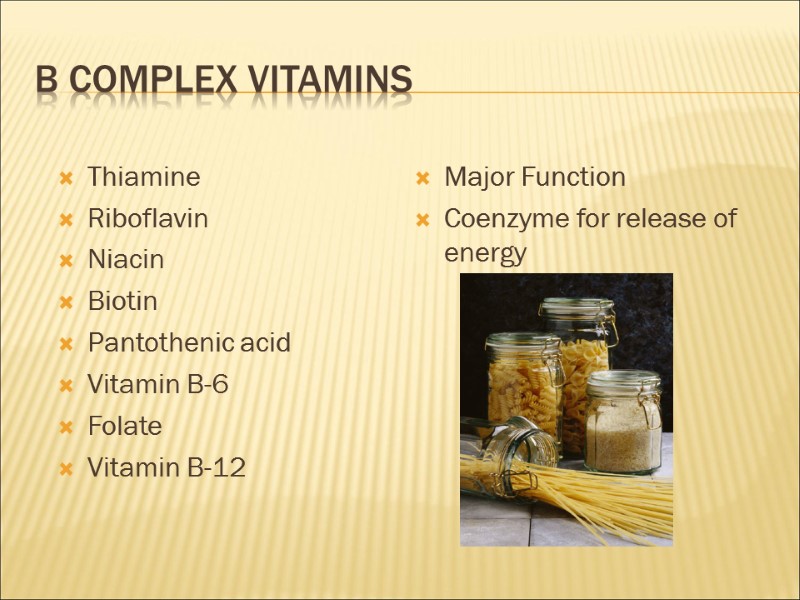 B Complex Vitamins Thiamine Riboflavin Niacin Biotin Pantothenic acid Vitamin B-6 Folate  Vitamin